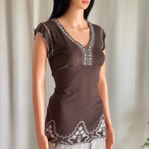 BCBGMAXAZRIA Brown Embroidered Cap Sleeve Tunic Babydoll Top Fairycore Size S